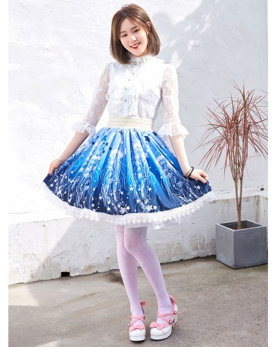 Sweet Lace Lolita SK Blue Stars Print Lolita Skirts Daily Casual Tea Party