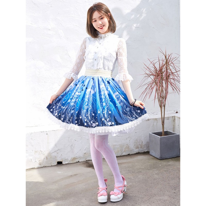 Sweet Lace Lolita SK Blue Stars Print Lolita Skirts Daily Casual Tea Party