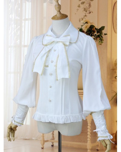 Classic Lolita Shirt Bow Ruffle Lace Chiffon White Lolita Blouse Spring Fall