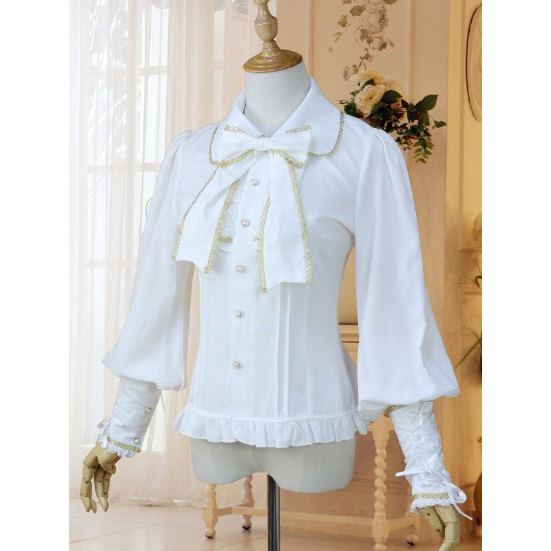 Classic Lolita Shirt Bow Ruffle Lace Chiffon White Lolita Blouse Spring Fall