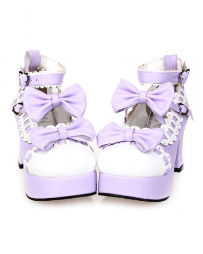 Sweet Chunky Heels Lolita Shoes Platform Bows White Trim Ankle Strap Heart Shape Buckles Daily Casual