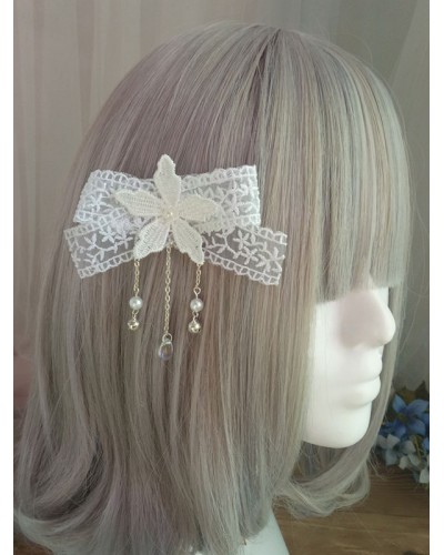 Sweet Lolita Hair Clip Floral Lace Pearl Embroidered Ecru White Lolita Hair Accessory