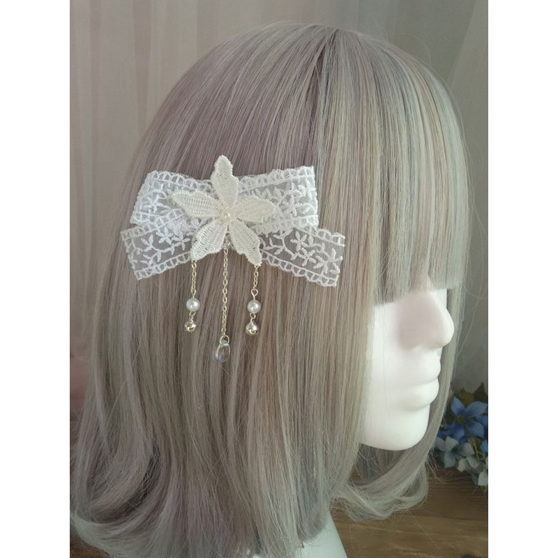 Sweet Lolita Hair Clip Floral Lace Pearl Embroidered Ecru White Lolita Hair Accessory