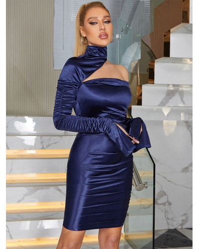 Women Party Dresses Navy High Collar Long Sleeves Irregular Semi Formal Dress Bodycon Spring Fall