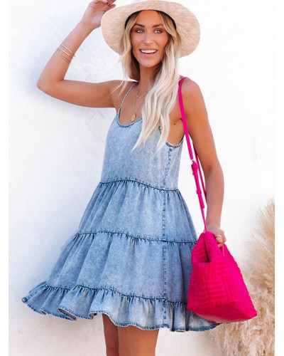 Shift Dresses Spaghetti Straps Sleeveless Cowboy Ruffles Straps Neck Layered Tube Dress Baby Blue Mini Daily Casual Street Wear