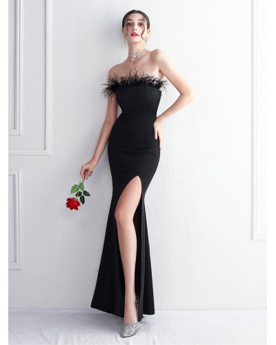 Women Maxi Party Dresses Feathers Sleeveless High-slit Birthday Semi Formal Prom Dress Sexy Summer