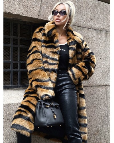 Women Faux Fur Coat Tiger Print Winter Midi Outerwear 2023 Classic  Traditional Casual Street Wear Field Dating