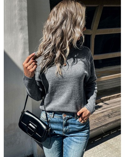 Women Pullover Sweater Deep Gray Jewel Neck Long Sleeves Sweaters Casual Field