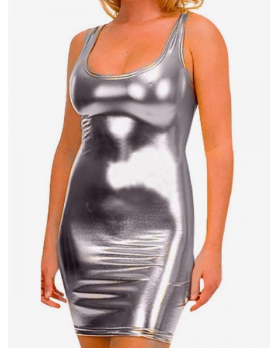 Women Halloween Silver Sleeveless Shiny Metallic Bodycon Dress