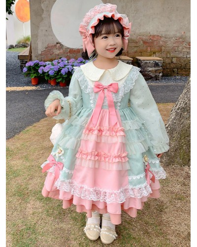 Polyester Tea Party Lace Long Sleeves Polyester Fall Dress ROCOCO Style Pink Kids' Lolita Dresses