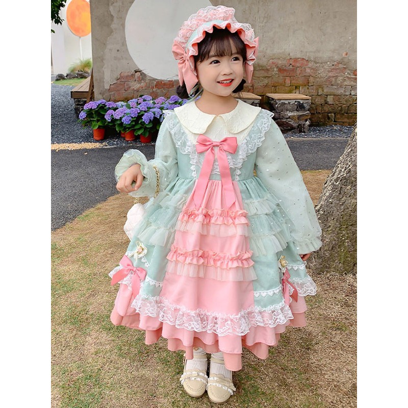 Polyester Tea Party Lace Long Sleeves Polyester Fall Dress ROCOCO Style Pink Kids' Lolita Dresses