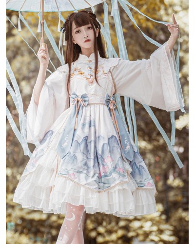 Chinese Style Lolita OP Dress White Polyester Long Sleeves Tassels Traditional Chinese Lolita One Piece Dresses Chinese Style Spring Summer Daily Casual