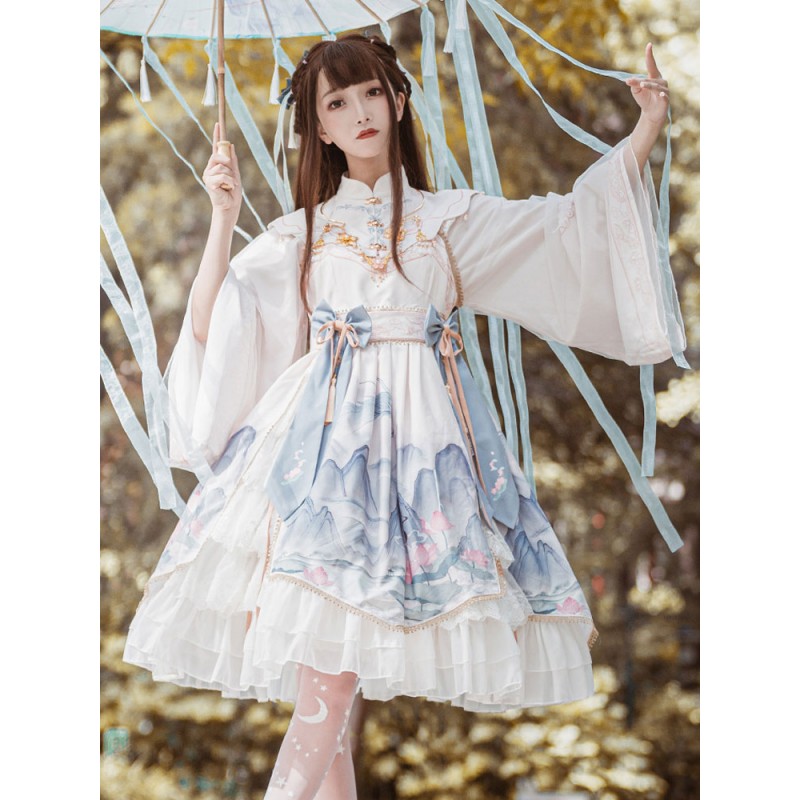 Chinese Style Lolita OP Dress White Polyester Long Sleeves Tassels Traditional Chinese Lolita One Piece Dresses Chinese Style Spring Summer Daily Casual