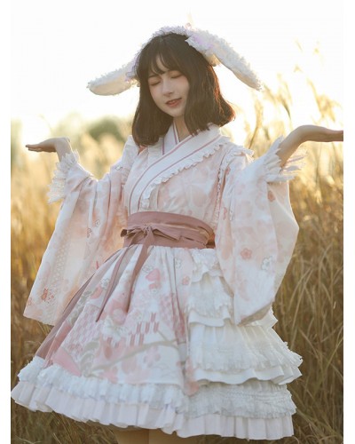 Japanese Style Lolita OP Dress Long Sleeve Floral Print Pink Bows Sweet Lolita One Piece Dresses Chinese Style Spring Summer Daily Casual