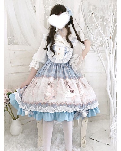 Lolita JSK Dress Lolita Printed Bows Light Sky Blue Lolita Jumper Skirts Sweet Spring Fall Tea Party