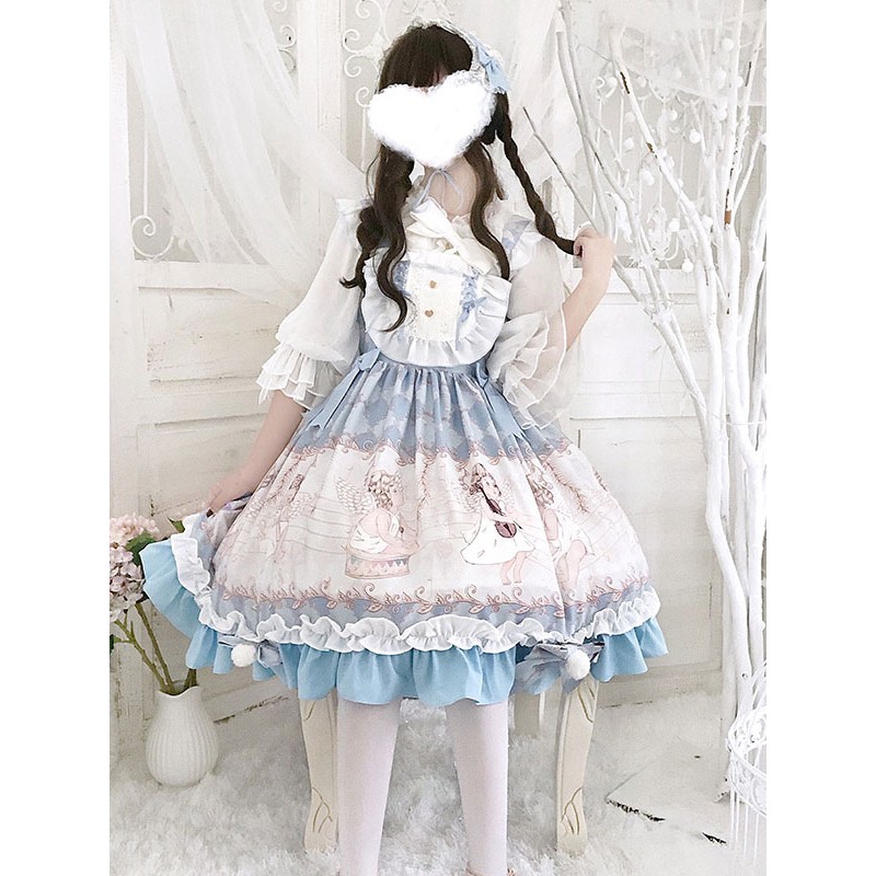 Lolita JSK Dress Lolita Printed Bows Light Sky Blue Lolita Jumper Skirts Sweet Spring Fall Tea Party