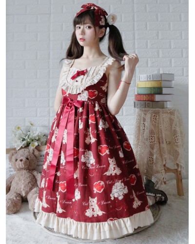 Lolita JSK Dress Burgundy Sleeveless Cat Pattern Ruffles Polyester Lolita Jumper Skirts Sweet Spring Summer Daily Casual