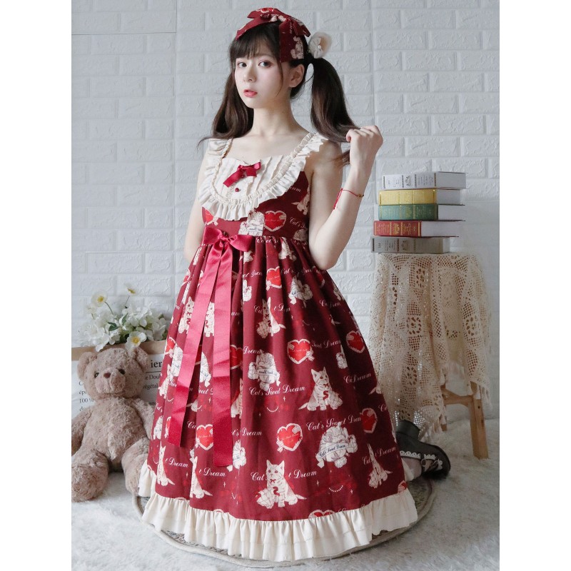 Lolita JSK Dress Burgundy Sleeveless Cat Pattern Ruffles Polyester Lolita Jumper Skirts Sweet Spring Summer Daily Casual