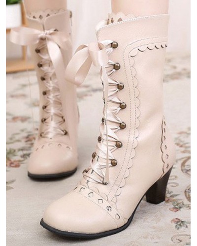 Classic Lolita Boots Round Toe Prism Heel Lace Up Champagne Lolita Winter Boots