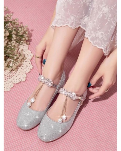 Sweet Lolita Footwear Pink Grommets Rhinestones Pearls Round Toe PU Leather Lolita Pumps Shoes