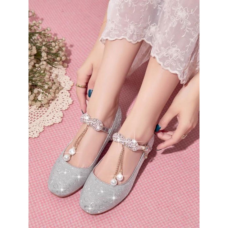 Sweet Lolita Footwear Pink Grommets Rhinestones Pearls Round Toe PU Leather Lolita Pumps Shoes