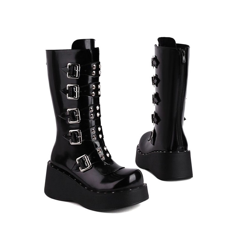 Lolita Boots Round Toe Zipper PU Leather Black Lolita Footwear Daily Casual