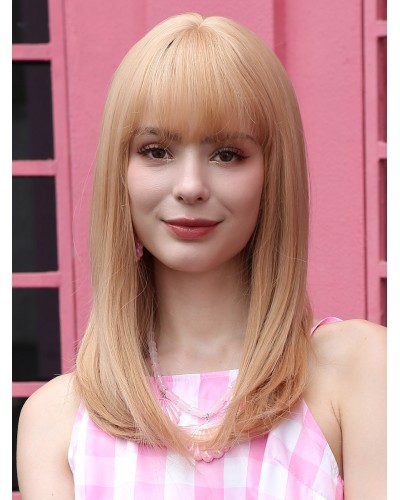 Barbie Medium Wigs Champagne Blunt Fringe Rayon Synthetic Wig For Women Sweet Feminine Casual