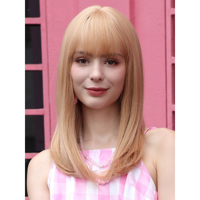 Barbie Medium Wigs Champagne Blunt Fringe Rayon Synthetic Wig For Women Sweet Feminine Casual