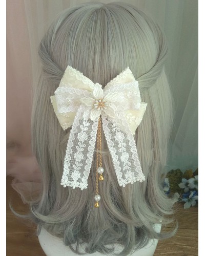 Sweet Lolita Hair Clasp Lace Bow Pearl Embroidered Ecru White Lolita Hair Accessory