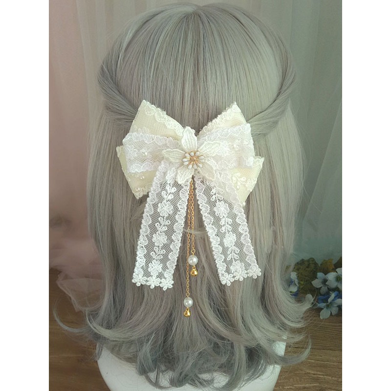 Sweet Lolita Hair Clasp Lace Bow Pearl Embroidered Ecru White Lolita Hair Accessory