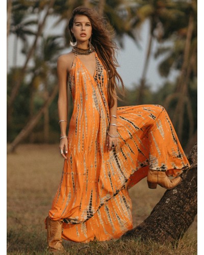 Women V-Neck Maxi Dress Sleeveless Printed Floor Length Dress Bohemian Summer