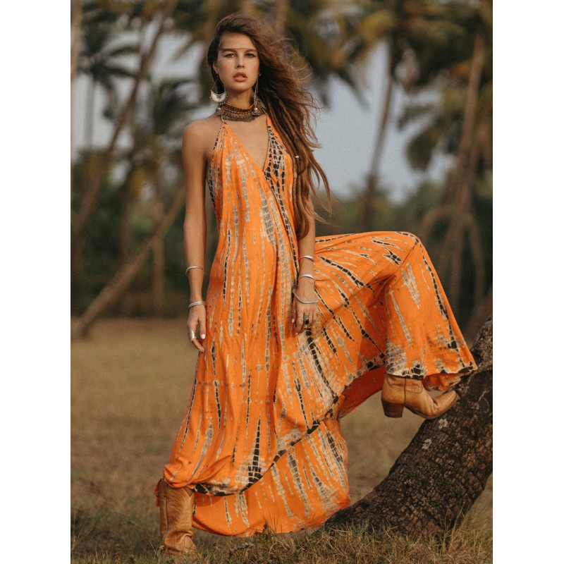 Women V-Neck Maxi Dress Sleeveless Printed Floor Length Dress Bohemian Summer