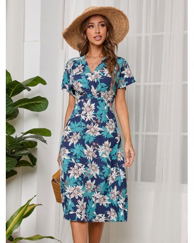 Dress Dark Navy V-Neck Printed Chiffon Dress Summer Beach Resort Wear