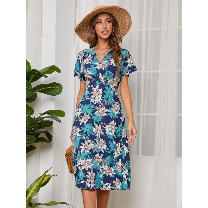 Dress Dark Navy V-Neck Printed Chiffon Dress Summer Beach Resort Wear