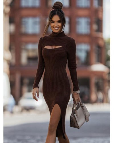 Dresses High Collar Front High-slit Casual Long Sleeves Pencil Dress Bodycon Street Wear Daily Casual