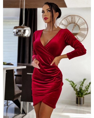 Women Knotted Velour Casual V-Neck Long Sleeves Midi Dress Vintage Spring Fall