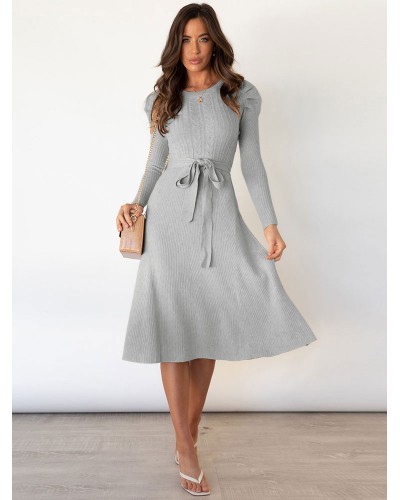 Women Birthday Knitted Dress Black Fashion Pleated Long Sleeves Stretch Jewel Neck Midi Dress Sweater Spring Fall Winter