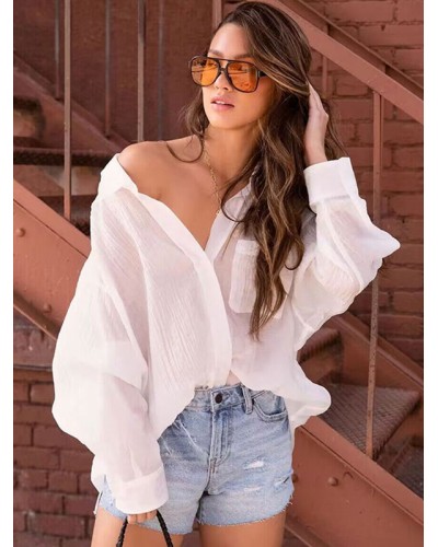 Shirt For Women White Oversized Pleated Turndown Collar Long Sleeves Tops Casual Summer