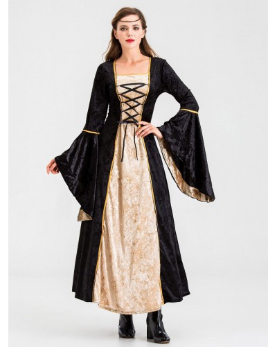 Women Medieval Dress Renaissance Gown Lace Up Bell Sleeve Dress Royal Retro