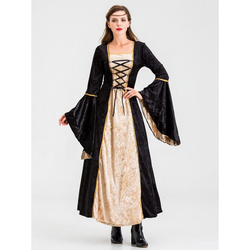 Women Medieval Dress Renaissance Gown Lace Up Bell Sleeve Dress Royal Retro