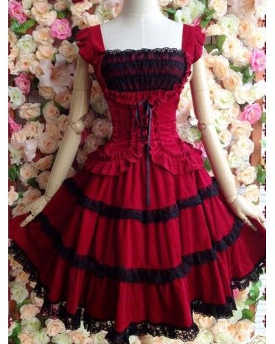 Sweet Lolita Dress JSK Red Cotton Lolita Jumper Skirt Tea Party