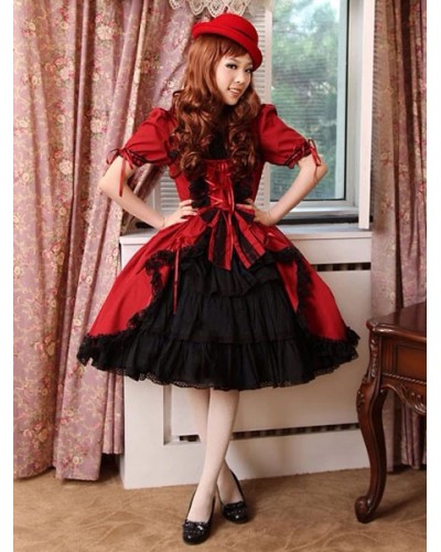 Burgundy Layered Cotton Lolita Dress For Women Gothic Fall Daily Casual Tea Party