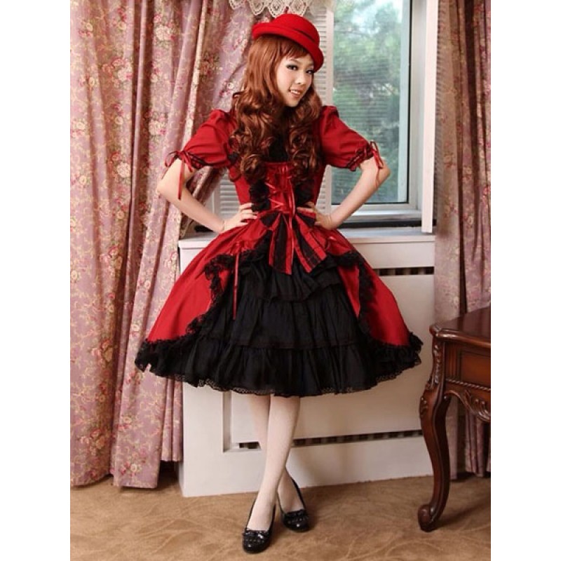 Burgundy Layered Cotton Lolita Dress For Women Gothic Fall Daily Casual Tea Party