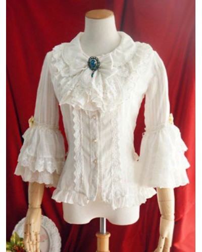 Lolita Blouses Lolita Top Ruffles Bows 3/4 Length Sleeves Blouse Stripes Ecru White Lolita Shirt Sweet Lolita Wedding Dress Spring Summer Fall Winter