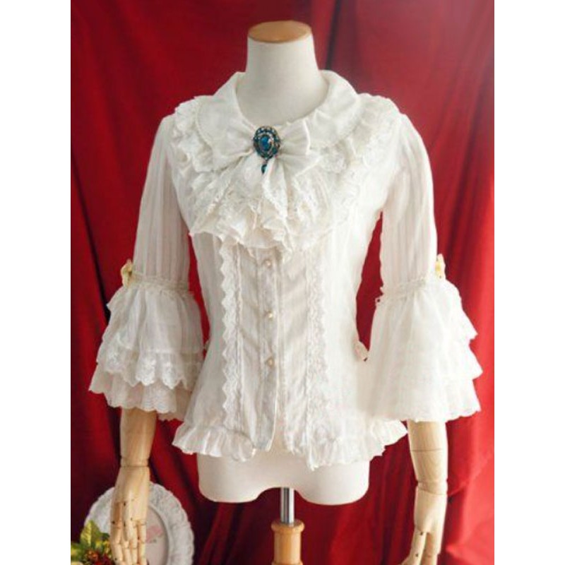 Lolita Blouses Lolita Top Ruffles Bows 3/4 Length Sleeves Blouse Stripes Ecru White Lolita Shirt Sweet Lolita Wedding Dress Spring Summer Fall Winter