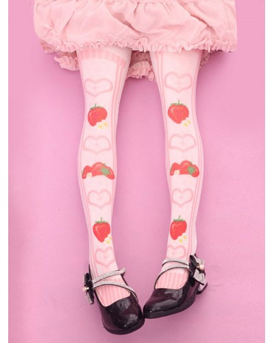 Sweet Lolita Stockings Pink Velvet Strawberry Printed Lolita Knee High Socks Daily Casual