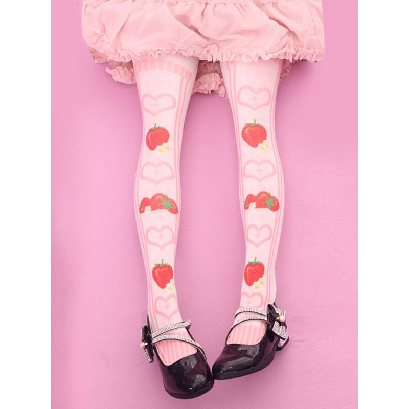 Sweet Lolita Stockings Pink Velvet Strawberry Printed Lolita Knee High Socks Daily Casual