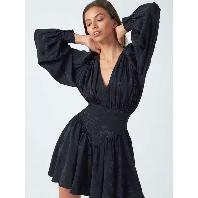 Women Skater Dresses Printed V-Neck Long Sleeves Black Sexy Fit And Flare Dress Chic  Modern Fall