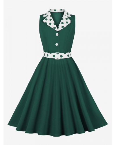 Vintage Dress 1950s Audrey Hepburn Style Dark Green Polka Dot Buttons Sleeveless V-Neck Swing Dress Bodycon Retro Summer