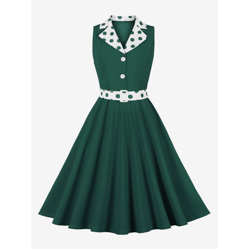 Vintage Dress 1950s Audrey Hepburn Style Dark Green Polka Dot Buttons Sleeveless V-Neck Swing Dress Bodycon Retro Summer